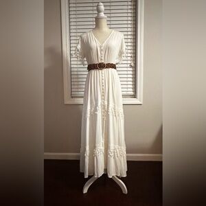 White bohemian beach fringe and lace button up maxi dress. Medium EUC